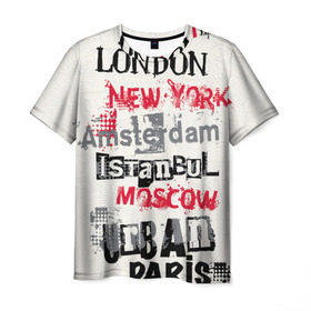 Мужская футболка 3D с принтом Текстовой арт в Тюмени, 100% полиэфир | прямой крой, круглый вырез горловины, длина до линии бедер | amsterdam | istanbul | london | moscow | new york | paris | urban | амстердам | лондон | москва | нью йорк | париж | стамбул