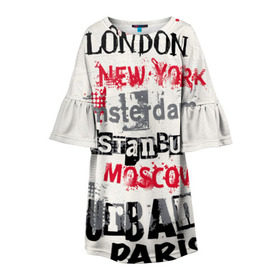 Детское платье 3D с принтом Текстовой арт в Тюмени, 100% полиэстер | прямой силуэт, чуть расширенный к низу. Круглая горловина, на рукавах — воланы | Тематика изображения на принте: amsterdam | istanbul | london | moscow | new york | paris | urban | амстердам | лондон | москва | нью йорк | париж | стамбул