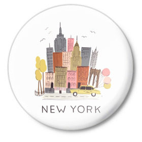 Значок с принтом Нью-Йорк в Тюмени,  металл | круглая форма, металлическая застежка в виде булавки | new york | воздушные шары | город | деревья | рисунок | такси
