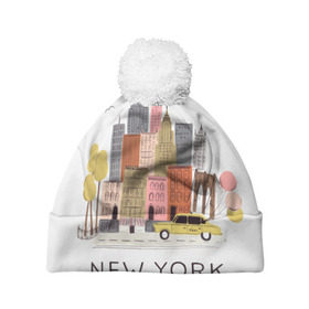 Шапка 3D c помпоном с принтом Нью-Йорк в Тюмени, 100% полиэстер | универсальный размер, печать по всей поверхности изделия | new york | воздушные шары | город | деревья | рисунок | такси