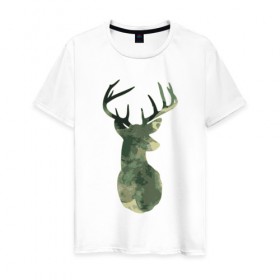 Мужская футболка хлопок с принтом Deer Aquarelle в Тюмени, 100% хлопок | прямой крой, круглый вырез горловины, длина до линии бедер, слегка спущенное плечо. | Тематика изображения на принте: 
