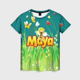 Женская футболка 3D с принтом Пчелка Майя в Тюмени, 100% полиэфир ( синтетическое хлопкоподобное полотно) | прямой крой, круглый вырез горловины, длина до линии бедер | Тематика изображения на принте: пчелка майя