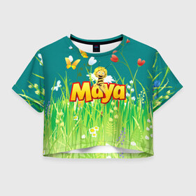 Женская футболка 3D укороченная с принтом Пчелка Майя в Тюмени, 100% полиэстер | круглая горловина, длина футболки до линии талии, рукава с отворотами | пчелка майя