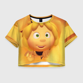 Женская футболка 3D укороченная с принтом Пчелка Майя в Тюмени, 100% полиэстер | круглая горловина, длина футболки до линии талии, рукава с отворотами | пчелка майя