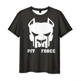 Мужская футболка 3D с принтом Pit Force в Тюмени, 100% полиэфир | прямой крой, круглый вырез горловины, длина до линии бедер | pit force | белый | боец | друг человека | животные | питбуль | порода | собака | цвет | чёрный