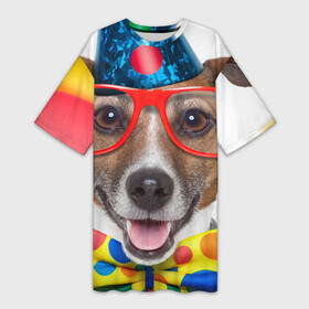 Платье-футболка 3D с принтом Джек рассел   клоун в Тюмени,  |  | волкодав | дворняжка | джек | джек рассел | домашние животные | любимец | мопс | овчарка | пес | песик | питомец | рассел | сенбернар | собака | собачка