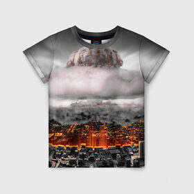 Детская футболка 3D с принтом Атомный взрыв в Тюмени, 100% гипоаллергенный полиэфир | прямой крой, круглый вырез горловины, длина до линии бедер, чуть спущенное плечо, ткань немного тянется | Тематика изображения на принте: city | earth | explosion | heaven | mushroom | nuclear | атомный | взрыв | город | гриб | земля | небо
