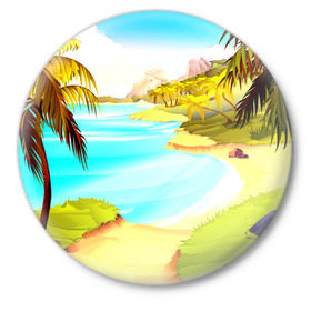Значок с принтом Тропический остров в Тюмени,  металл | круглая форма, металлическая застежка в виде булавки | jungle | деревья | джунгли | зелень | кусты | лес | лодки | мох | океан | пальмы | пляж | тропики | экзотика