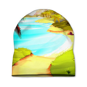 Шапка 3D с принтом Тропический остров в Тюмени, 100% полиэстер | универсальный размер, печать по всей поверхности изделия | jungle | деревья | джунгли | зелень | кусты | лес | лодки | мох | океан | пальмы | пляж | тропики | экзотика