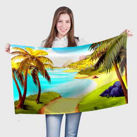Флаг 3D с принтом Тропический остров в Тюмени, 100% полиэстер | плотность ткани — 95 г/м2, размер — 67 х 109 см. Принт наносится с одной стороны | jungle | деревья | джунгли | зелень | кусты | лес | лодки | мох | океан | пальмы | пляж | тропики | экзотика
