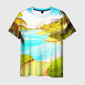 Мужская футболка 3D с принтом Тропический остров в Тюмени, 100% полиэфир | прямой крой, круглый вырез горловины, длина до линии бедер | jungle | деревья | джунгли | зелень | кусты | лес | лодки | мох | океан | пальмы | пляж | тропики | экзотика