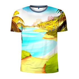 Мужская футболка 3D спортивная с принтом Тропический остров в Тюмени, 100% полиэстер с улучшенными характеристиками | приталенный силуэт, круглая горловина, широкие плечи, сужается к линии бедра | jungle | деревья | джунгли | зелень | кусты | лес | лодки | мох | океан | пальмы | пляж | тропики | экзотика