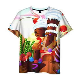 Мужская футболка 3D с принтом Candy Town в Тюмени, 100% полиэфир | прямой крой, круглый вырез горловины, длина до линии бедер | Тематика изображения на принте: конфеты | пирожные | сладости | яркий