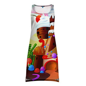 Платье-майка 3D с принтом Candy Town в Тюмени, 100% полиэстер | полуприлегающий силуэт, широкие бретели, круглый вырез горловины, удлиненный подол сзади. | конфеты | пирожные | сладости | яркий