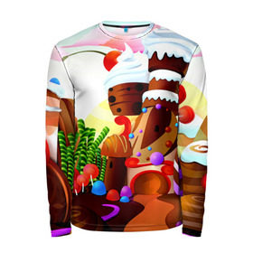 Мужской лонгслив 3D с принтом Candy Town в Тюмени, 100% полиэстер | длинные рукава, круглый вырез горловины, полуприлегающий силуэт | Тематика изображения на принте: конфеты | пирожные | сладости | яркий