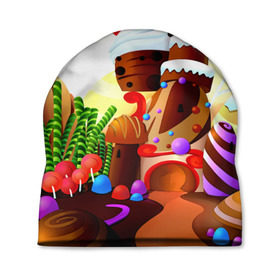 Шапка 3D с принтом Candy Town в Тюмени, 100% полиэстер | универсальный размер, печать по всей поверхности изделия | Тематика изображения на принте: конфеты | пирожные | сладости | яркий