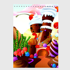 Скетчбук с принтом Candy Town в Тюмени, 100% бумага
 | 48 листов, плотность листов — 100 г/м2, плотность картонной обложки — 250 г/м2. Листы скреплены сверху удобной пружинной спиралью | Тематика изображения на принте: конфеты | пирожные | сладости | яркий