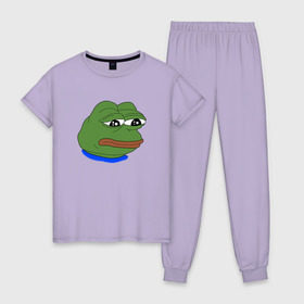 Женская пижама хлопок с принтом SAD FROG в Тюмени, 100% хлопок | брюки и футболка прямого кроя, без карманов, на брюках мягкая резинка на поясе и по низу штанин | meme | pepe frog | pepe the frog | sad frog | грустная лягушка | мем