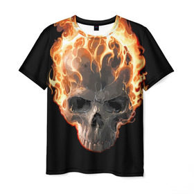 Мужская футболка 3D с принтом Череп в огне в Тюмени, 100% полиэфир | прямой крой, круглый вырез горловины, длина до линии бедер | background | black | death | fire | flame | skeleton | skull | огонь | пламя | скелет | фон | череп | черный