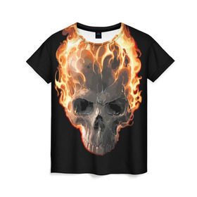 Женская футболка 3D с принтом Череп в огне в Тюмени, 100% полиэфир ( синтетическое хлопкоподобное полотно) | прямой крой, круглый вырез горловины, длина до линии бедер | background | black | death | fire | flame | skeleton | skull | огонь | пламя | скелет | фон | череп | черный