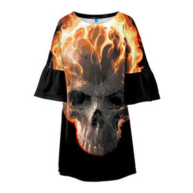 Детское платье 3D с принтом Череп в огне в Тюмени, 100% полиэстер | прямой силуэт, чуть расширенный к низу. Круглая горловина, на рукавах — воланы | Тематика изображения на принте: background | black | death | fire | flame | skeleton | skull | огонь | пламя | скелет | фон | череп | черный
