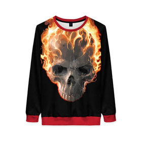 Женский свитшот 3D с принтом Череп в огне в Тюмени, 100% полиэстер с мягким внутренним слоем | круглый вырез горловины, мягкая резинка на манжетах и поясе, свободная посадка по фигуре | background | black | death | fire | flame | skeleton | skull | огонь | пламя | скелет | фон | череп | черный