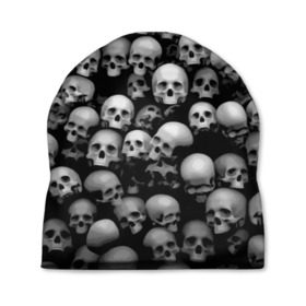 Шапка 3D с принтом Черепа в Тюмени, 100% полиэстер | универсальный размер, печать по всей поверхности изделия | background | black | death | skeletons | skull | скелеты | фон | черепа | черный