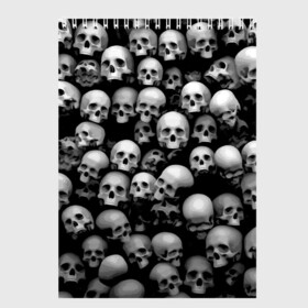 Скетчбук с принтом Черепа в Тюмени, 100% бумага
 | 48 листов, плотность листов — 100 г/м2, плотность картонной обложки — 250 г/м2. Листы скреплены сверху удобной пружинной спиралью | background | black | death | skeletons | skull | скелеты | фон | черепа | черный