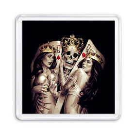 Магнит 55*55 с принтом Скелетоны в Тюмени, Пластик | Размер: 65*65 мм; Размер печати: 55*55 мм | background | black | cards | color | crown | death | game | girl | hearts | king | queen | skeleton | skull | spades | tattoo | девушки | игра | карты | королевы | король | короны | масть | пики | скелет | тату | фон | черви 