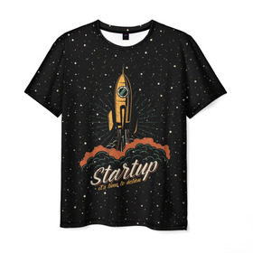 Мужская футболка 3D с принтом Startup Space в Тюмени, 100% полиэфир | прямой крой, круглый вырез горловины, длина до линии бедер | cosmos | galaxy | planet | rocket | space | star | взлет | галактика | звезды | корабль | космос | планета | ракета