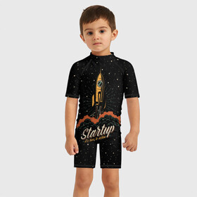 Детский купальный костюм 3D с принтом Startup Space в Тюмени, Полиэстер 85%, Спандекс 15% | застежка на молнии на спине | cosmos | galaxy | planet | rocket | space | star | взлет | галактика | звезды | корабль | космос | планета | ракета