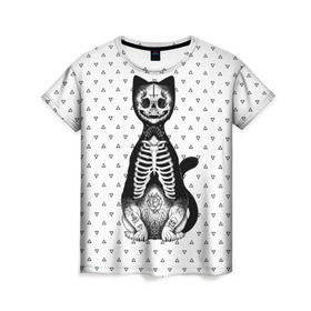 Женская футболка 3D с принтом Готический кот в Тюмени, 100% полиэфир ( синтетическое хлопкоподобное полотно) | прямой крой, круглый вырез горловины, длина до линии бедер | bone | cat | death | feline | gothic | hipster | kitty | meow | skelet | skull | tatoo | готика | кости | кот | котенок | котик | кошка | мяу | скелет | тату | хипстер | череп