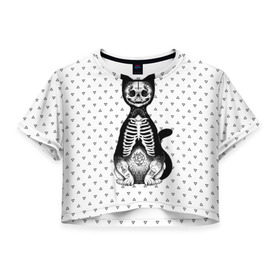 Женская футболка 3D укороченная с принтом Готический кот в Тюмени, 100% полиэстер | круглая горловина, длина футболки до линии талии, рукава с отворотами | bone | cat | death | feline | gothic | hipster | kitty | meow | skelet | skull | tatoo | готика | кости | кот | котенок | котик | кошка | мяу | скелет | тату | хипстер | череп