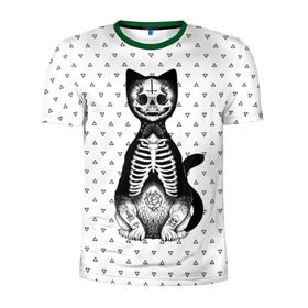 Мужская футболка 3D спортивная с принтом Готический кот в Тюмени, 100% полиэстер с улучшенными характеристиками | приталенный силуэт, круглая горловина, широкие плечи, сужается к линии бедра | Тематика изображения на принте: bone | cat | death | feline | gothic | hipster | kitty | meow | skelet | skull | tatoo | готика | кости | кот | котенок | котик | кошка | мяу | скелет | тату | хипстер | череп