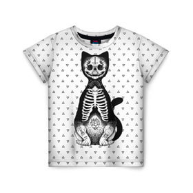 Детская футболка 3D с принтом Готический кот в Тюмени, 100% гипоаллергенный полиэфир | прямой крой, круглый вырез горловины, длина до линии бедер, чуть спущенное плечо, ткань немного тянется | bone | cat | death | feline | gothic | hipster | kitty | meow | skelet | skull | tatoo | готика | кости | кот | котенок | котик | кошка | мяу | скелет | тату | хипстер | череп