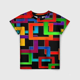 Детская футболка 3D с принтом Check maze в Тюмени, 100% гипоаллергенный полиэфир | прямой крой, круглый вырез горловины, длина до линии бедер, чуть спущенное плечо, ткань немного тянется | Тематика изображения на принте: квадраты | паттерн | разноцветный | яркий