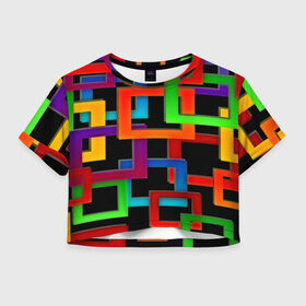 Женская футболка 3D укороченная с принтом Check maze в Тюмени, 100% полиэстер | круглая горловина, длина футболки до линии талии, рукава с отворотами | квадраты | паттерн | разноцветный | яркий