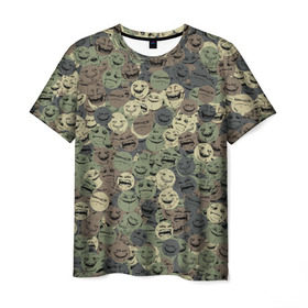 Мужская футболка 3D с принтом Камуфляж со злыми смайлами в Тюмени, 100% полиэфир | прямой крой, круглый вырез горловины, длина до линии бедер | angry | evil | face | peke | smile | yoba | йоба | камуфляж | мем | милитари | пека | смайл | смайлик | хаки