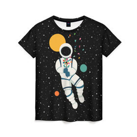Женская футболка 3D с принтом Космический романтик в Тюмени, 100% полиэфир ( синтетическое хлопкоподобное полотно) | прямой крой, круглый вырез горловины, длина до линии бедер | astronaut | cosmonaut | cosmos | galaxy | moon | planet | space | star | астронавт | галактика | звезды | космонавт | космос | луна | планета | скафандр