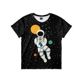 Детская футболка 3D с принтом Космический романтик в Тюмени, 100% гипоаллергенный полиэфир | прямой крой, круглый вырез горловины, длина до линии бедер, чуть спущенное плечо, ткань немного тянется | astronaut | cosmonaut | cosmos | galaxy | moon | planet | space | star | астронавт | галактика | звезды | космонавт | космос | луна | планета | скафандр