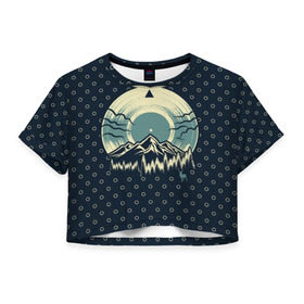 Женская футболка 3D укороченная с принтом Музыка гор в Тюмени, 100% полиэстер | круглая горловина, длина футболки до линии талии, рукава с отворотами | forest | melody | mountain | music | nature | retro | sound | vinyl | винил | горы | звук | лес | мелодия | музыка | природа | ретро