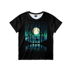 Детская футболка 3D с принтом Ночная природа в Тюмени, 100% гипоаллергенный полиэфир | прямой крой, круглый вырез горловины, длина до линии бедер, чуть спущенное плечо, ткань немного тянется | forest | lake | moon | nature | night | star | wood | звезды | лес | луна | ночь | озеро | природа