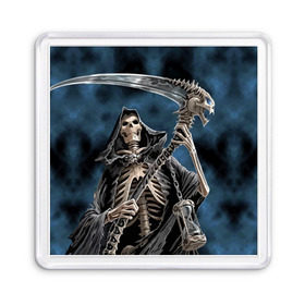 Магнит 55*55 с принтом Скелетон в Тюмени, Пластик | Размер: 65*65 мм; Размер печати: 55*55 мм | Тематика изображения на принте: death | skeleton | skull | капюшон | коса | скелет | череп