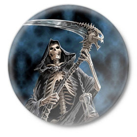 Значок с принтом Скелетон в Тюмени,  металл | круглая форма, металлическая застежка в виде булавки | death | skeleton | skull | капюшон | коса | скелет | череп