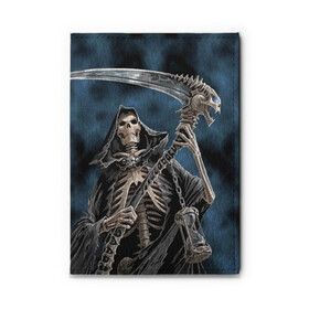 Обложка для автодокументов с принтом Скелетон в Тюмени, натуральная кожа |  размер 19,9*13 см; внутри 4 больших “конверта” для документов и один маленький отдел — туда идеально встанут права | Тематика изображения на принте: death | skeleton | skull | капюшон | коса | скелет | череп