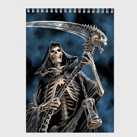 Скетчбук с принтом Скелетон в Тюмени, 100% бумага
 | 48 листов, плотность листов — 100 г/м2, плотность картонной обложки — 250 г/м2. Листы скреплены сверху удобной пружинной спиралью | death | skeleton | skull | капюшон | коса | скелет | череп