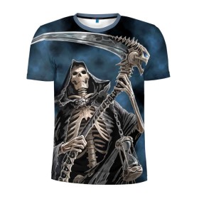 Мужская футболка 3D спортивная с принтом Скелетон в Тюмени, 100% полиэстер с улучшенными характеристиками | приталенный силуэт, круглая горловина, широкие плечи, сужается к линии бедра | Тематика изображения на принте: death | skeleton | skull | капюшон | коса | скелет | череп