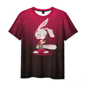 Мужская футболка 3D с принтом Заяц с бензопилой в Тюмени, 100% полиэфир | прямой крой, круглый вырез горловины, длина до линии бедер | бензопила | девушке | зайка | заяц | красная | мульт | мультфильм | прикол | ужас | цветы
