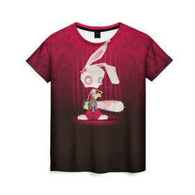 Женская футболка 3D с принтом Заяц с бензопилой в Тюмени, 100% полиэфир ( синтетическое хлопкоподобное полотно) | прямой крой, круглый вырез горловины, длина до линии бедер | бензопила | девушке | зайка | заяц | красная | мульт | мультфильм | прикол | ужас | цветы