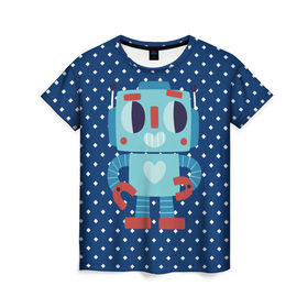Женская футболка 3D с принтом Робот любви в Тюмени, 100% полиэфир ( синтетическое хлопкоподобное полотно) | прямой крой, круглый вырез горловины, длина до линии бедер | cyborg | heart | iron | love | robot | железо | киборг | любовь | робот | сердце | страсть